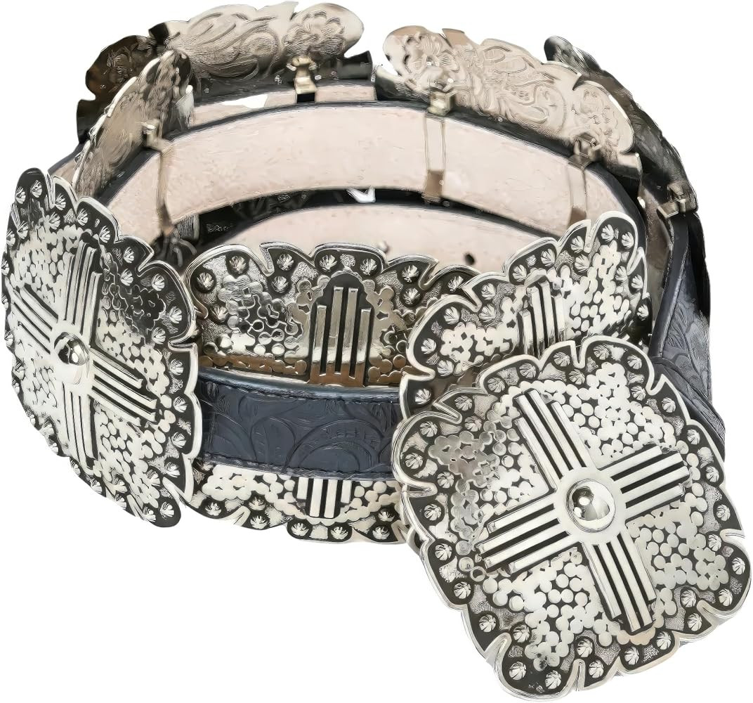 Angel Ranch Ladies Black Floral Embossed Leather Belt with Antique Silver Tone Square Conchos, Re... | Amazon (US)
