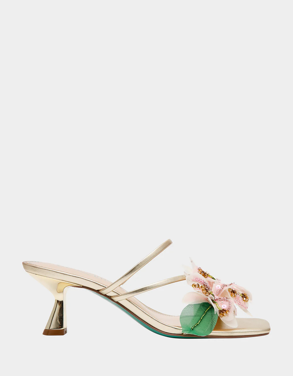 WELLS Light Gold Flower Strappy Mule Square-Toe Women's Heel | Betsey Johnson