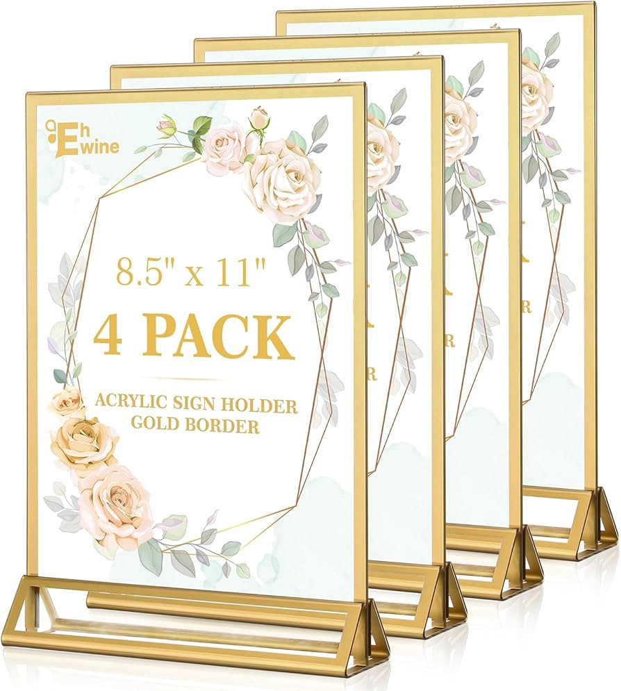 EHWINE 4 Pack Acrylic Sign Holder 8.5 x 11, Double Sided Gold Picture Frame Stand up Table Top Si... | Amazon (US)