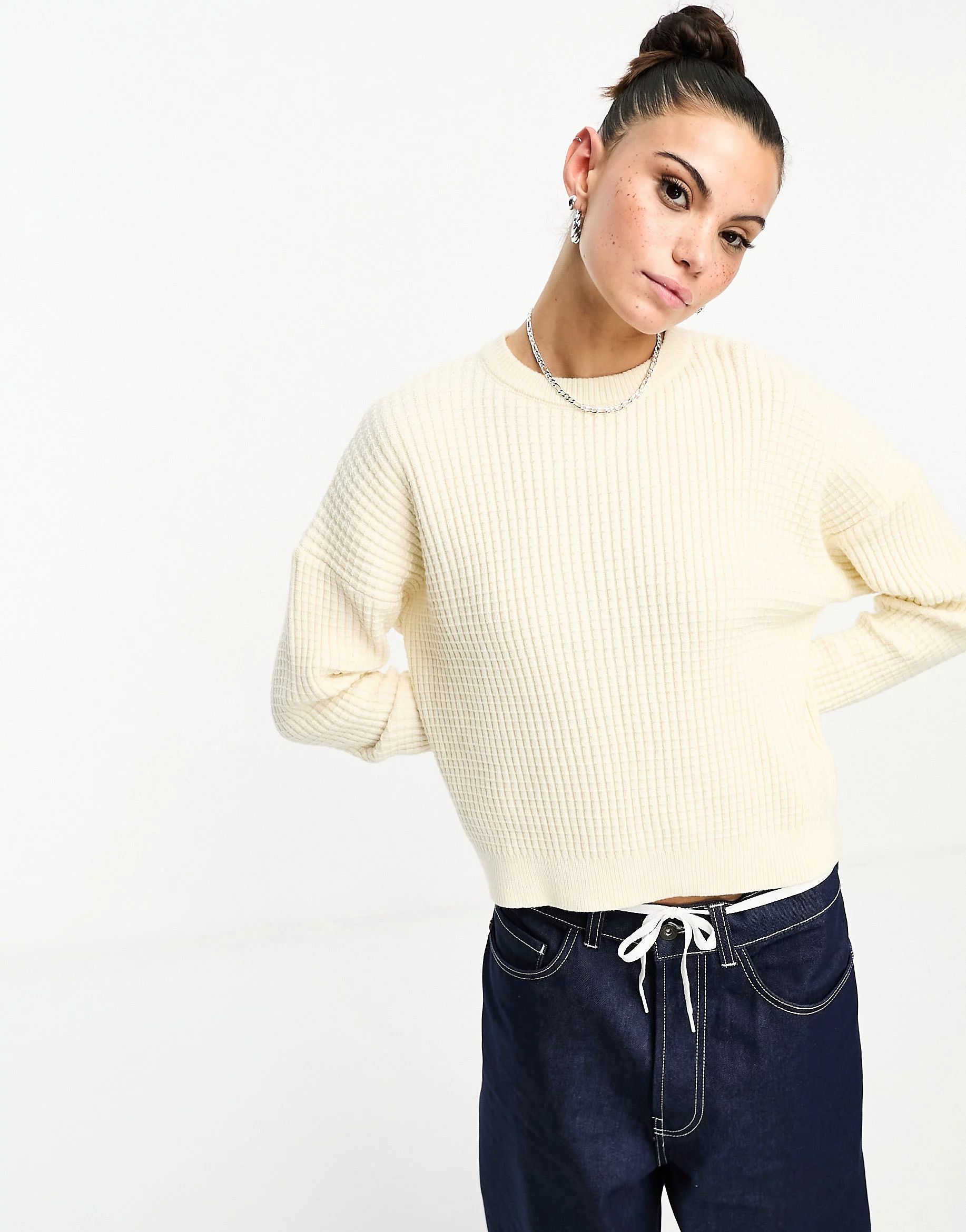 Daisy Street relaxed sweater in cream waffle knit | ASOS (Global)