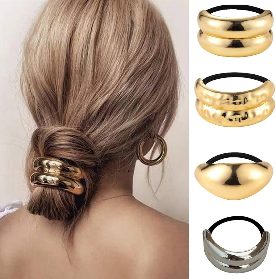 Amazon.com : papasgix Metal Hair Ties, Metal Geometric Elastic Hair Ties, Hair Cuff Wrap Hair Tie... | Amazon (US)