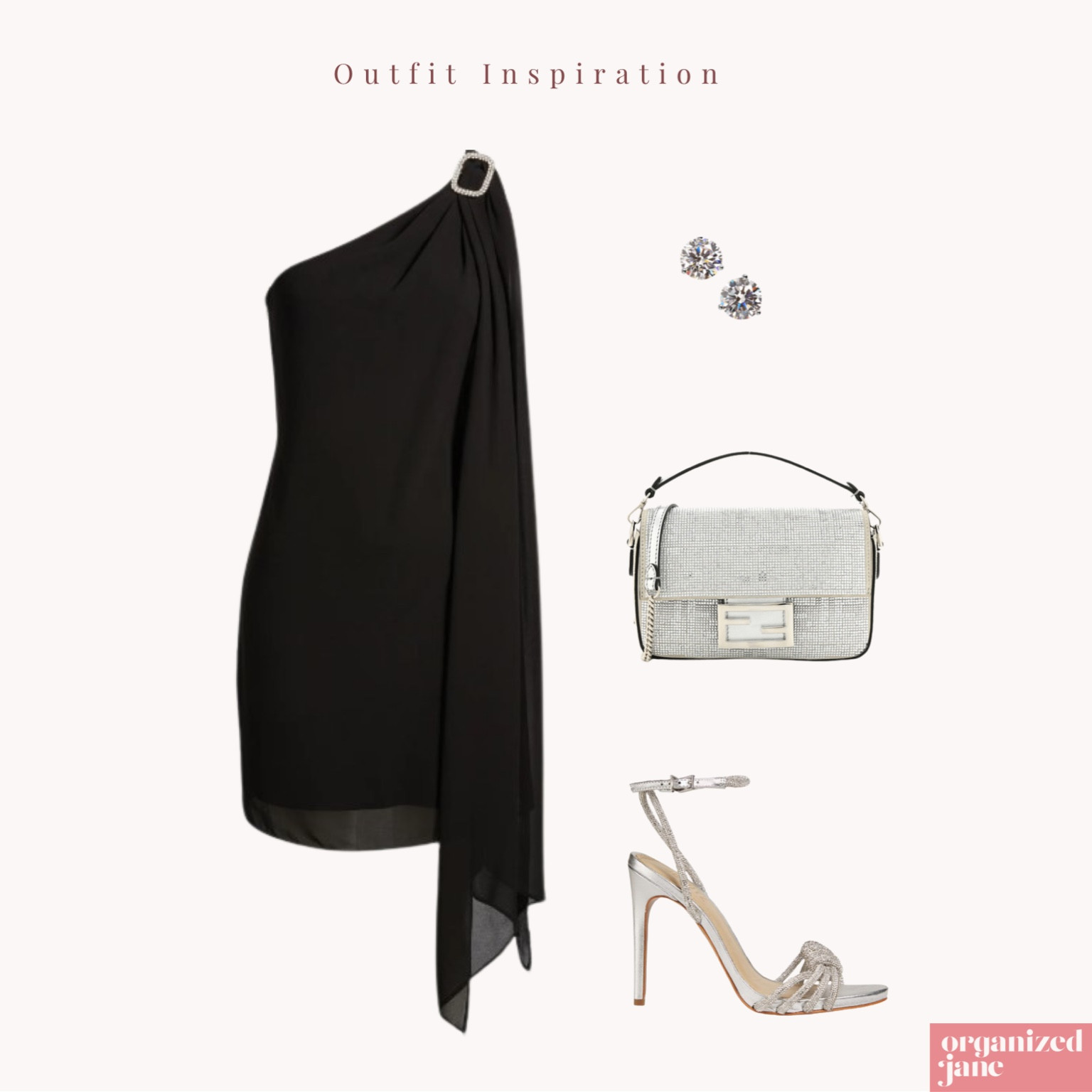 Elevate your evening look with this chic one-shoulder black dress, complemented by sparkling earrings, a sleek clutch, and stunning heels. Perfect for making a statement at any event! ✨👗👠 #OutfitInspiration #EveningGlam