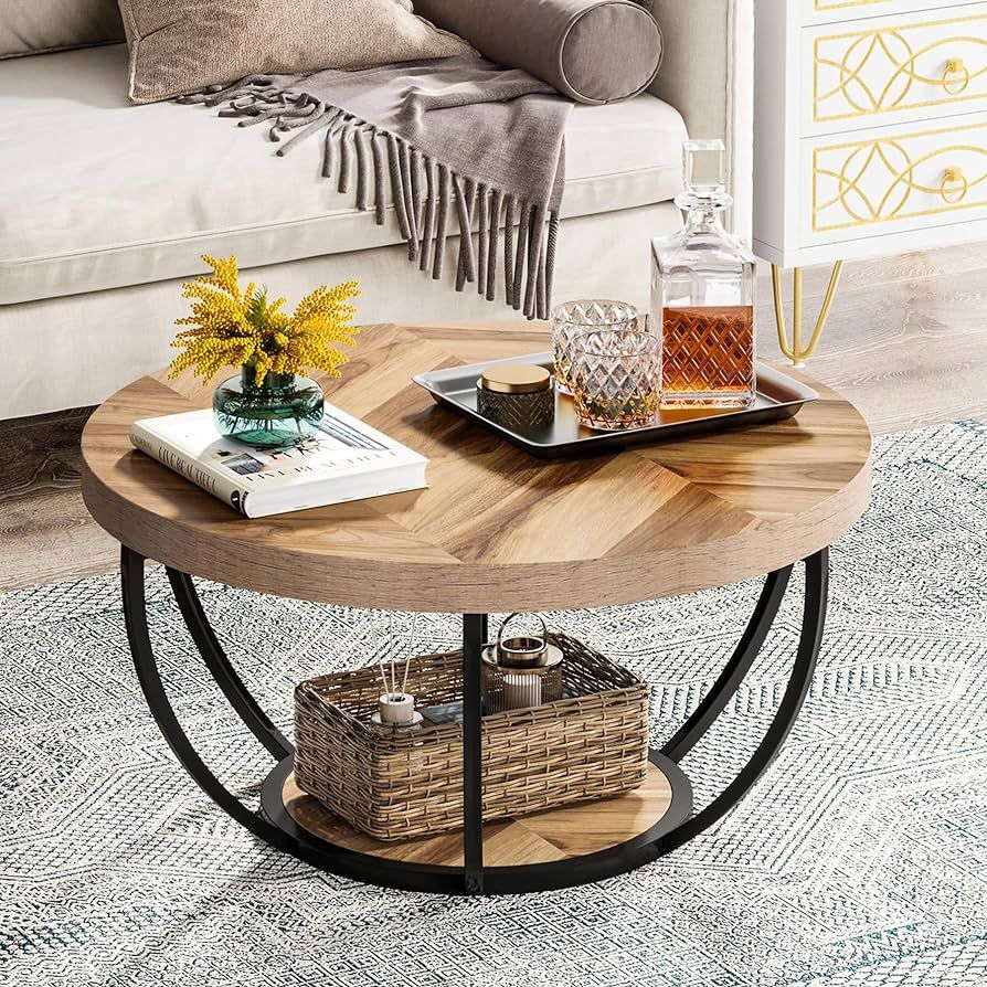 Tribesigns 31.7" Round Coffee Table, Industrial 2-Tier Circle Coffee Table with Storage Shelves, ... | Amazon (US)