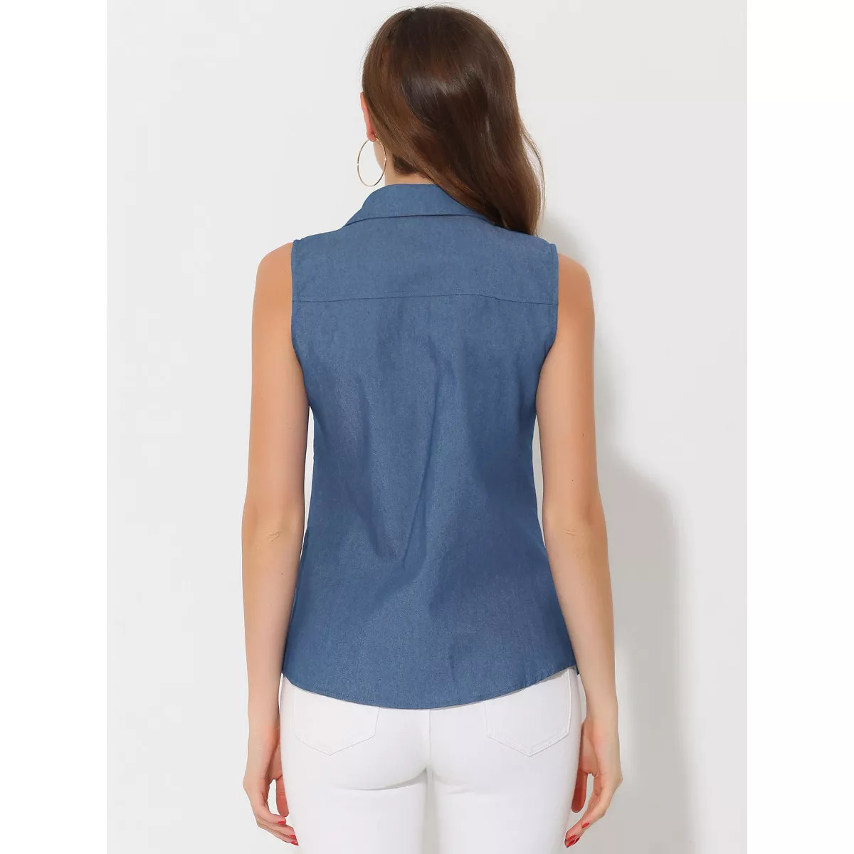 Allegra K Women's Sleeveless Lapel V Neck Button Down Chambray Shirt | Target