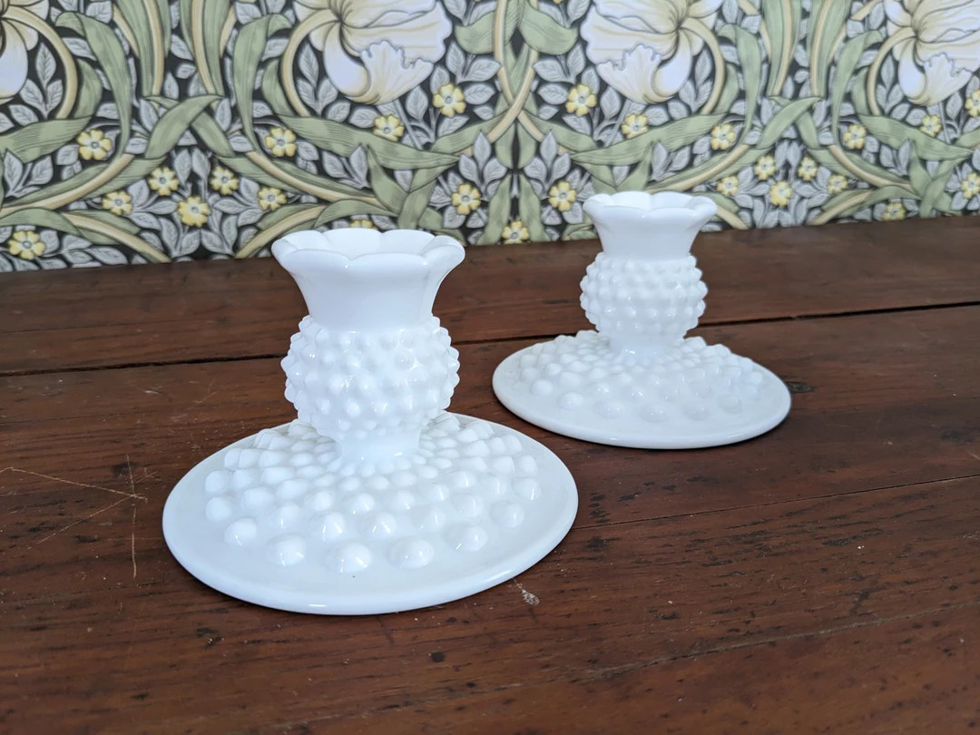 Pair of Fenton Milk Glass Hobnail Candlesticks - Etsy | Etsy (US)