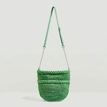 Letter Print Straw Bag Green Chain Strap Bucket Bag For Vacation | SHEIN