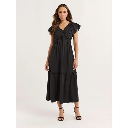 Sofia Jeans Women's V Neck Dress with Flutter Sleeves, Below Calf Length, Sizes XS-XXXL | Walmart (US)