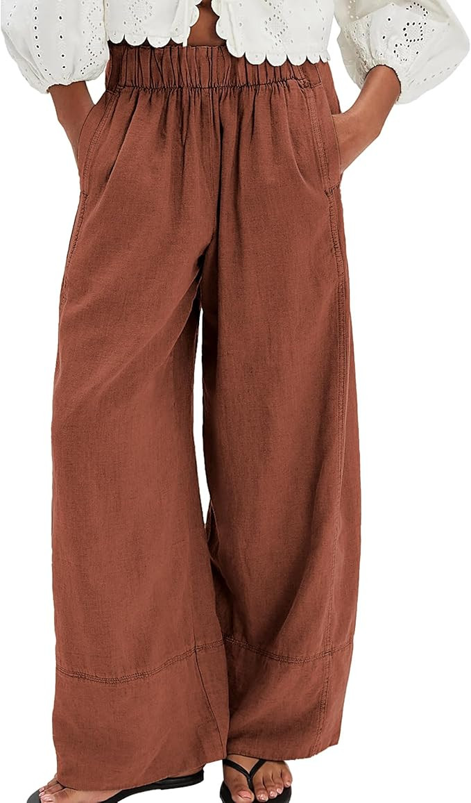 Linen Pants for Women Cotton Baggy Boho Casual Palazzo Pants Wide Leg Long Lounge Trousers with P... | Amazon (US)