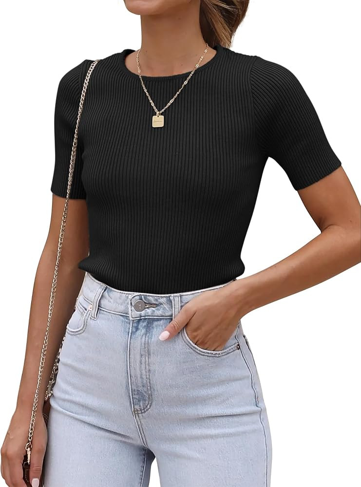 ATHMILE Womens Ribbed Knit T Shirt Casual Crewneck Tops Short Sleeve/Long Sleeve Sweaters Slim Fi... | Amazon (US)