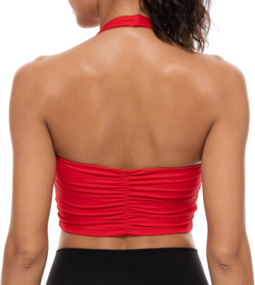 Lavento Women's Halter Sports Bra Pleated Longline Padded Yoga Crop Bras Top | Amazon (US)