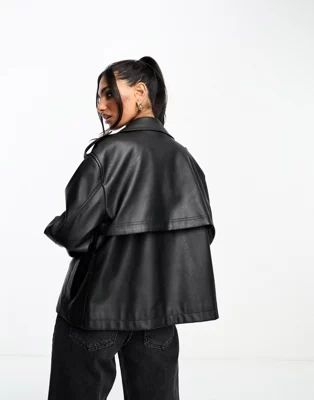 Stradivarius faux leather short trench coat in black | ASOS (Global)