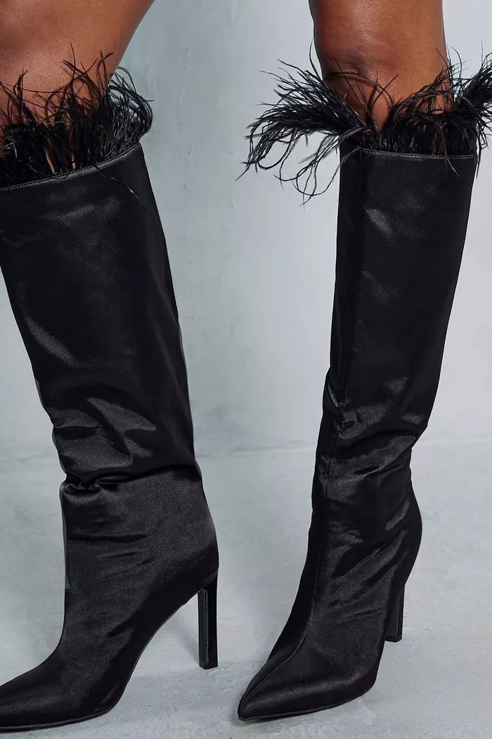 Feather Trim Knee High Heeled Boots | Boohoo.com (UK & IE)