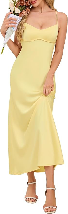 Women's Elegant Satin Cowl Neck Maxi Dress Spaghetti Strap Backless Tie Low Back Formal Wedding G... | Amazon (US)