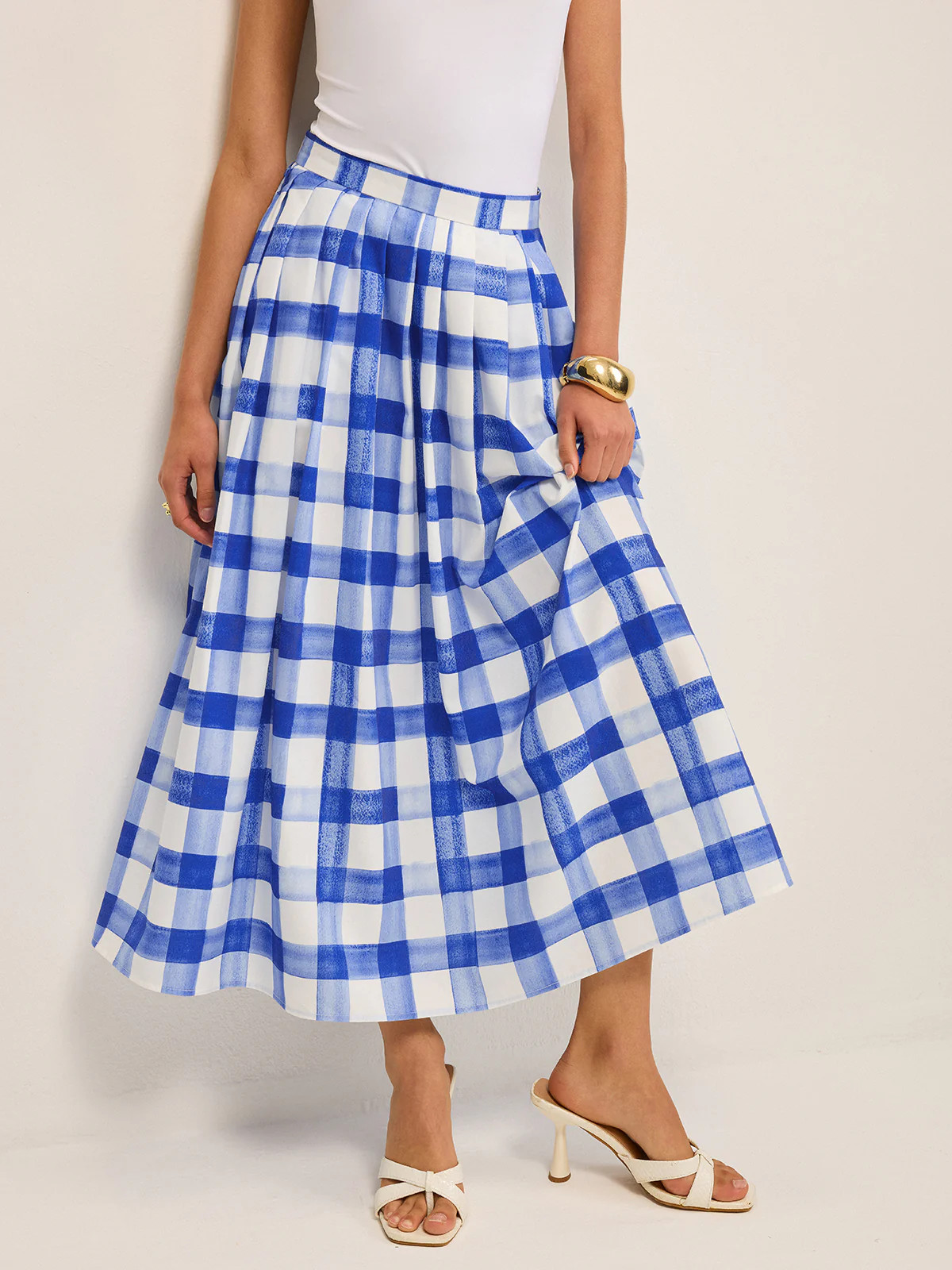 Pocketed Gingham Midi Skirt | Commense