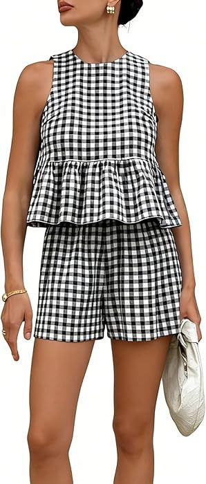 QIBABU Womens 2 Piece Outfits Summer Gingham Plaid Peplum Tank Tops High Waist Shorts Casual Cott... | Amazon (US)