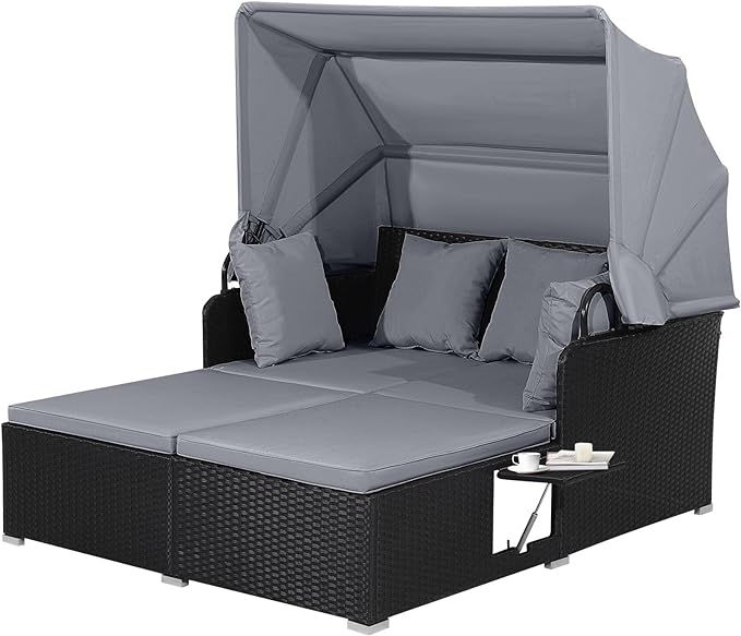 Outdoor Rattan Daybed w/Canopy Sofas, Grey | Amazon (US)