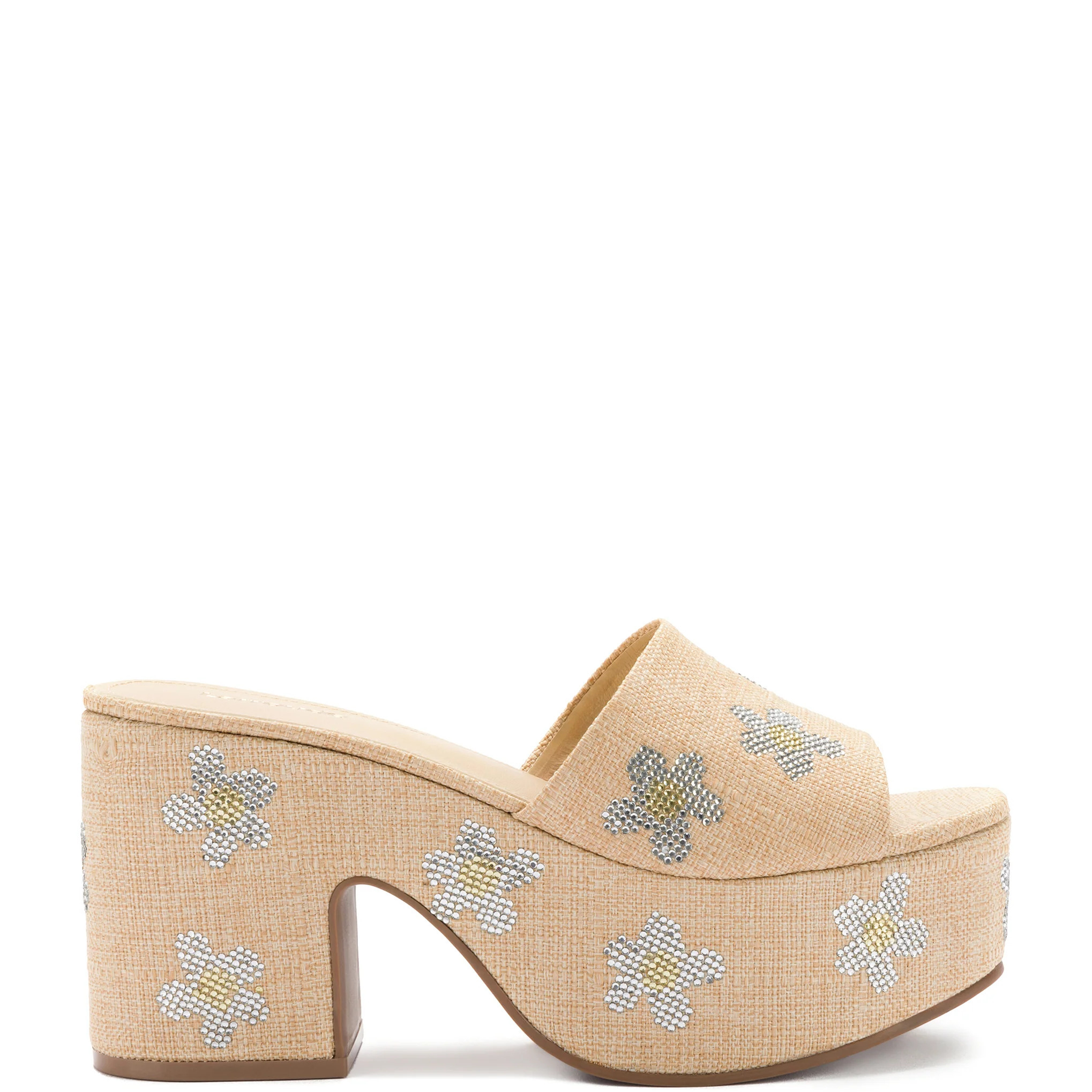 Miso Platform Sandal In Beige Raffia and Floral Crystals | Larroude