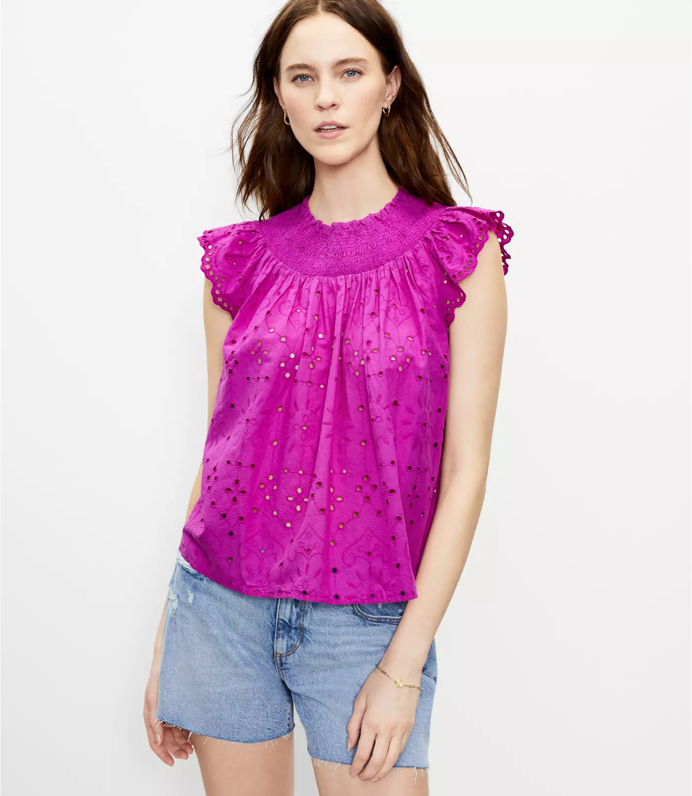 Eyelet Smocked Neck Shell | LOFT