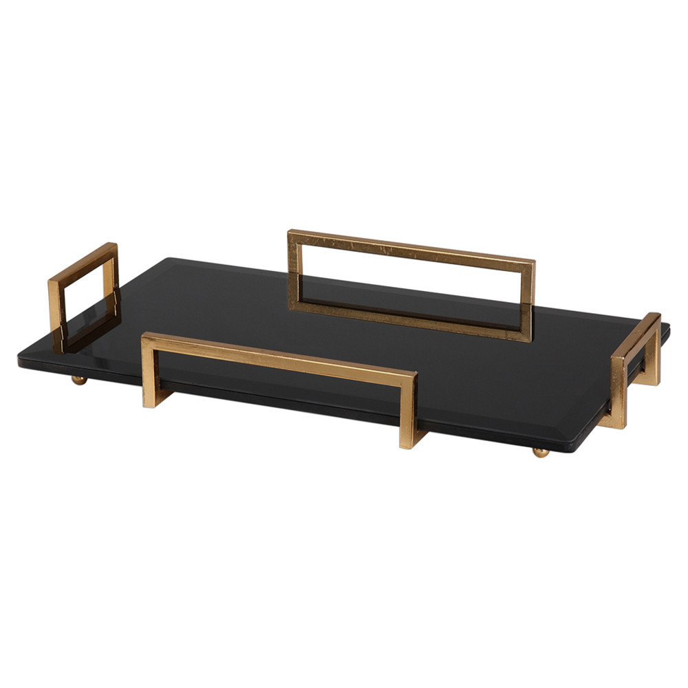 Tora Hollywood Black Glass Gold Leaf Handle Tray | Kathy Kuo Home