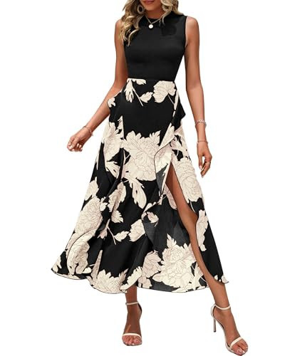 BTFBM Women Casual Sleeveless Summer Dresses 2025 Spring Crewneck Patchwork Boho Floral Ruffle Cocktail Party Midi Dress(White Floral Black, Medium) | Amazon (US)