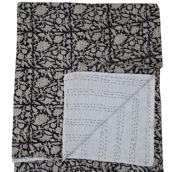 Black Kantha Hand Block Print Cotton Kantha Quilt  Indian - Etsy | Etsy (US)