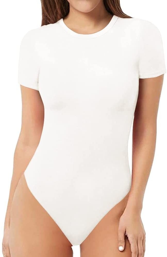 MANGOPOP Women's Round Neck Short Sleeve T Shirts Basic Bodysuits | Amazon (US)