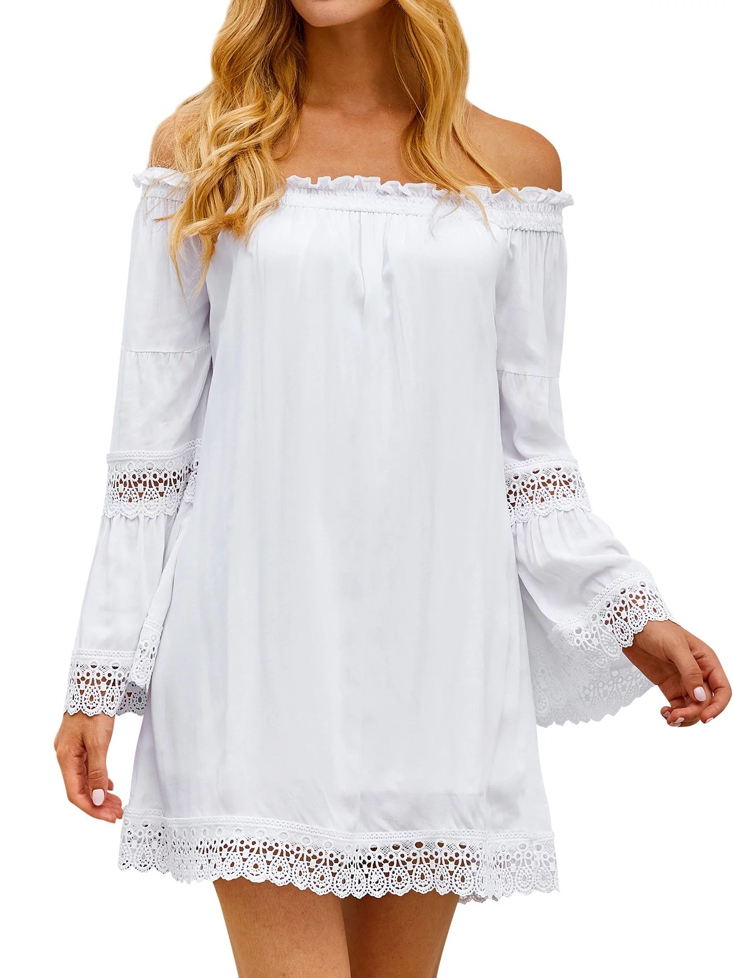 Women Lace Spliced Elastic Off Shoulder Bell Sleeves Casual Mini Dress - Walmart.com | Walmart (US)