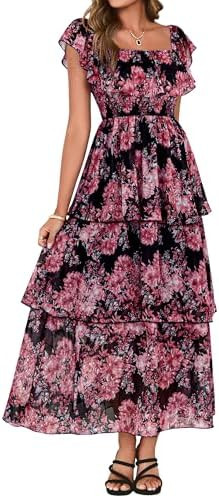 Simplee Womens Floral Wedding Guest Dress Spring Summer 2026 Chiffon Boho Off Shoulder Smocked Ti... | Amazon (US)