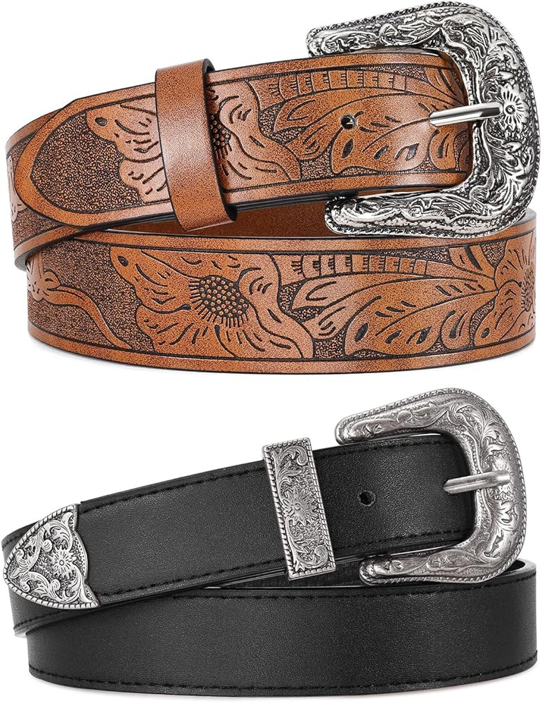WERFORU 2 Pack Women Western Leather Belts for Jeans Western Belts with Big Buckle Country Belts ... | Amazon (US)