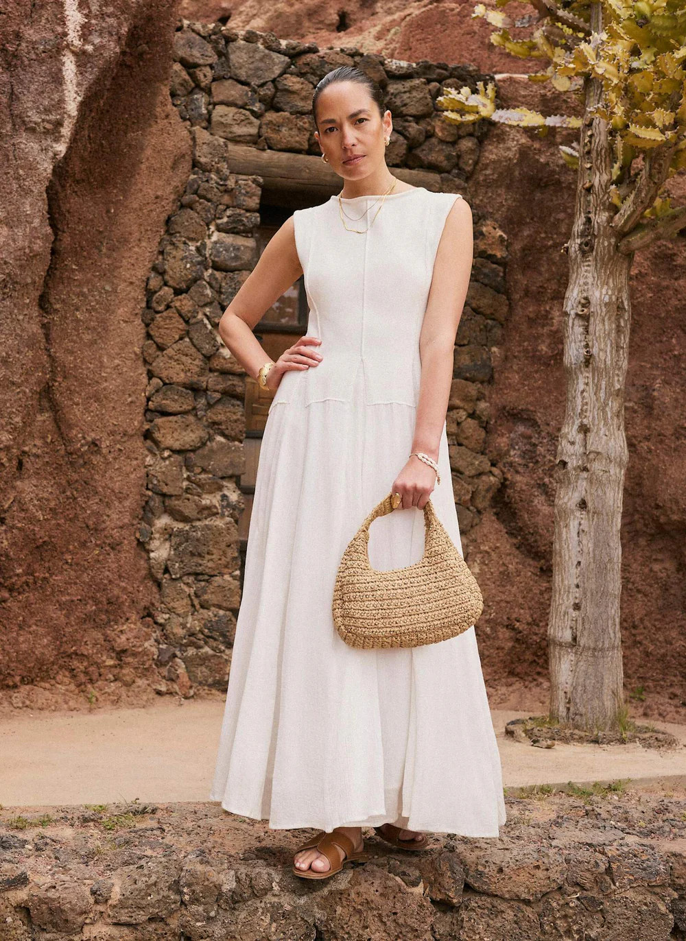 Cream Cotton Blend Drop Waist Maxi Dress | Mint Velvet