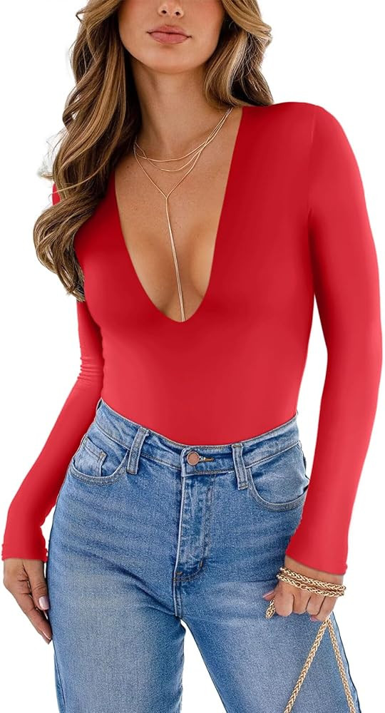 REORIA Women's Sexy Plunge Deep V Neck Long Sleeve Bodysuit Double Lined Going Out T Shirt Tops | Amazon (US)