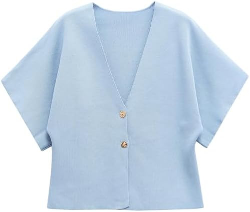 hathne Women's V Neck Short Sleeve Cardigan Sweater Button Down Ribbed Knit Tops | Amazon (US)