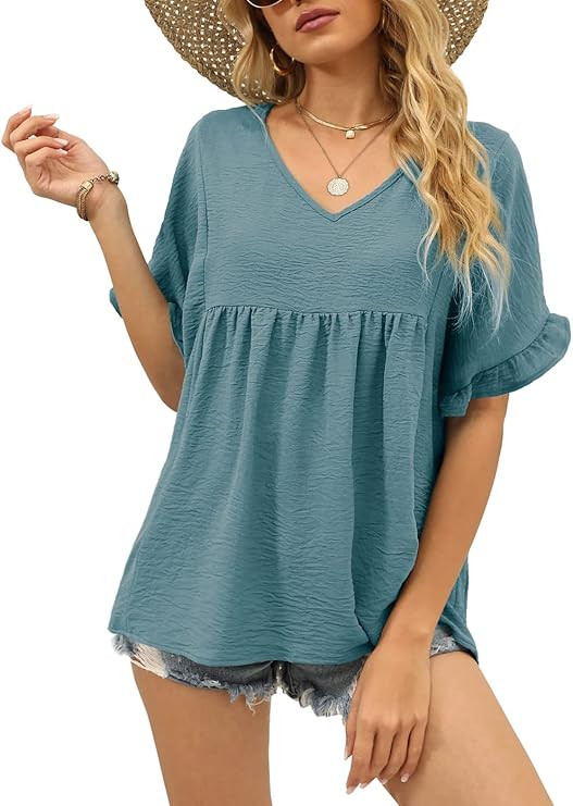 WIHOLL Womens Tops Casual V Neck Ruffle Sleeve T Shirts Babydoll Loose Fit Peplum Tops | Amazon (US)