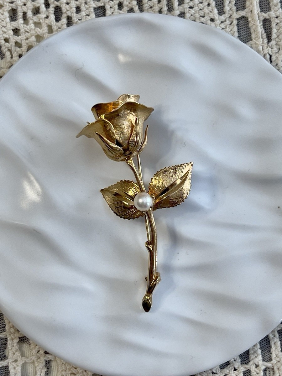 Vintage Gold Tone Rose Brooch Faux Pearl Floral Pin Romantic Cottagecore Elegant | eBay US