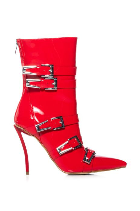 AZALEA WANG CHATTY BUCKLE DETAIL BOOTIE IN RED | AKIRA