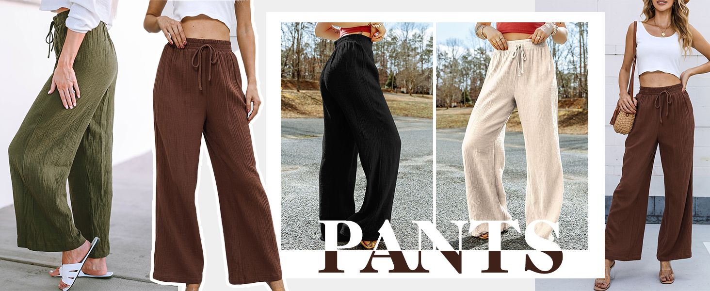 Acelitt Women Casual Wide Leg Pants Belted Elastic Waist Y2K Pants with Pockets, S-XXL | Amazon (US)
