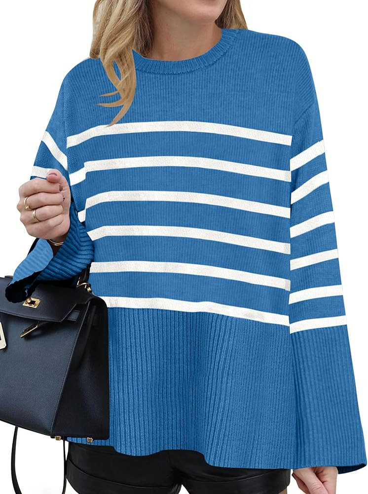 ZESICA Women's 2024 Fall Winter Striped Sweaters Long Sleeve Crew Neck Ribbed Knit Side Slit Over... | Amazon (US)