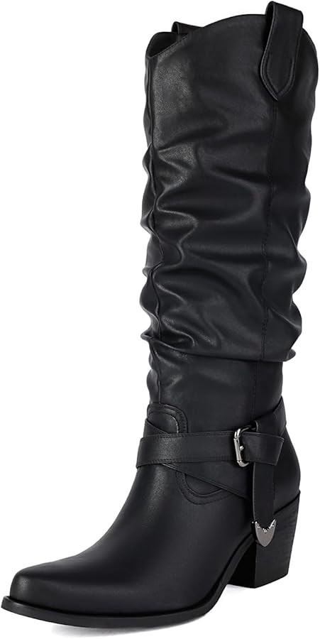 UTIKLIOU Women's Knee High Boots Wide Calf Slouchy Boots Low Heel Pull On Round Toe | Amazon (US)