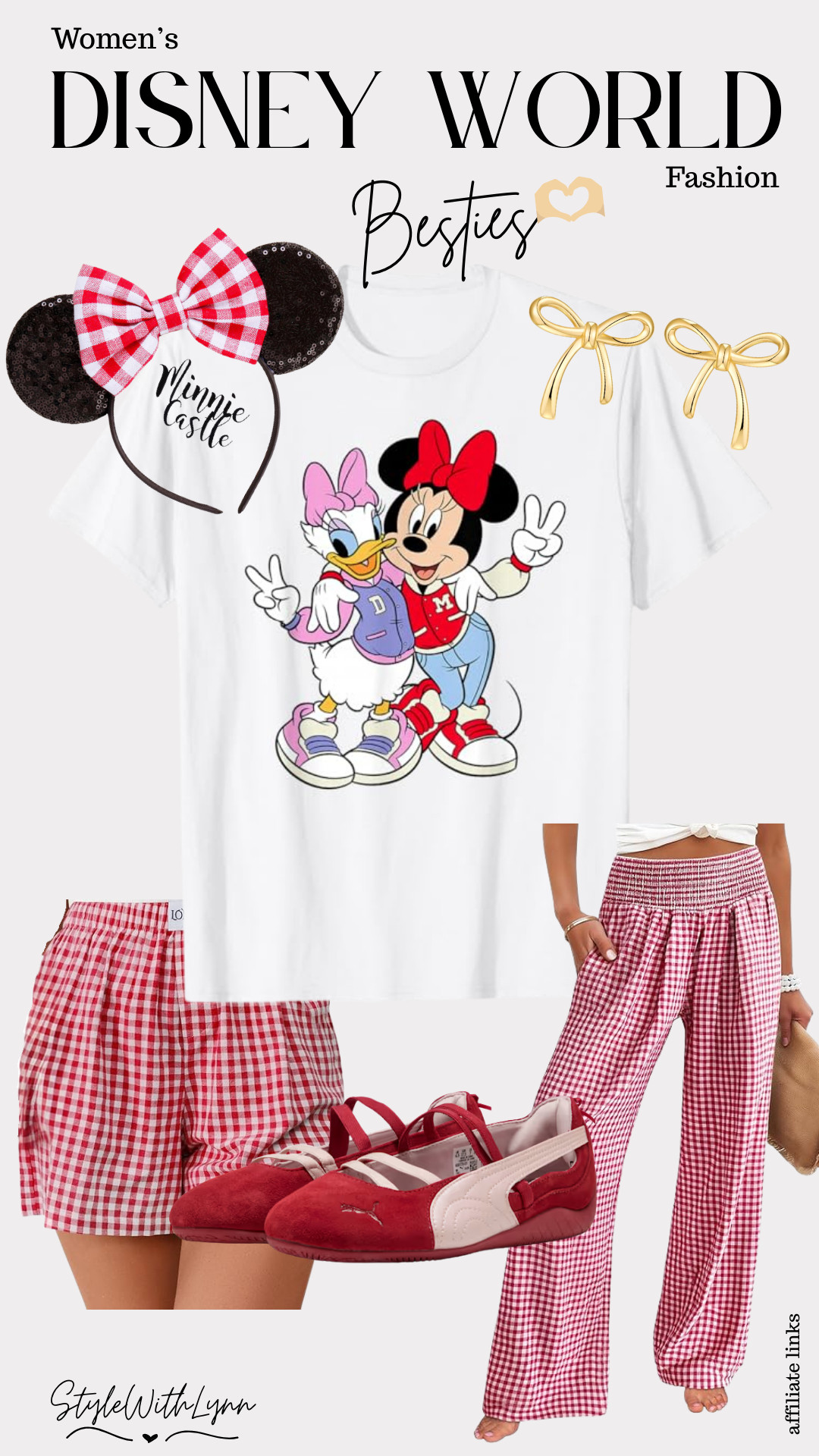 This Minnie & Daisy duo is giving park day perfection, comfy, cute, and ready for all the snacks and castle pics. I paired the graphic tee with red gingham bottoms (you choose shorts or pants) and walk-all-day Puma flats because style should never slow you down at Disney.

👉 Tap to shop the full look and twin with your Disney bestie!


Disney World women’s outfit, Minnie Mouse outfit, Daisy Duck shirt, Disney besties outfit, Disney World summer outfit, Disney World comfy outfit, Disney gingham pants, Minnie ears outfit, Disney vacation outfit women 

 #LTKootd #LTKTravel