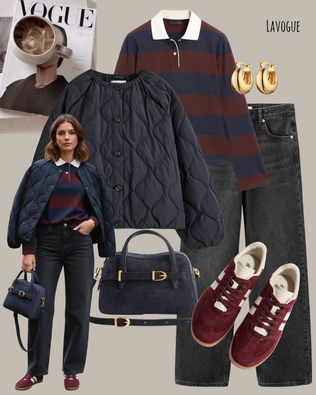 Quilted jacket over a stripe polo, black jeans to keep it sleek, and burgundy sneakers for a rich pop of color. Finished with a navy suede bag for that polished touch. ✨

Shop Below 👇🏼  

#LTKSeasonal #LTKWorkwear #LTKootd