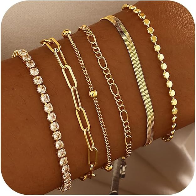 DEARMAY Waterproof Gold Bracelets Set for Women Trendy, Dainty 14K Real Gold Plated Jewelry Fashi... | Amazon (US)