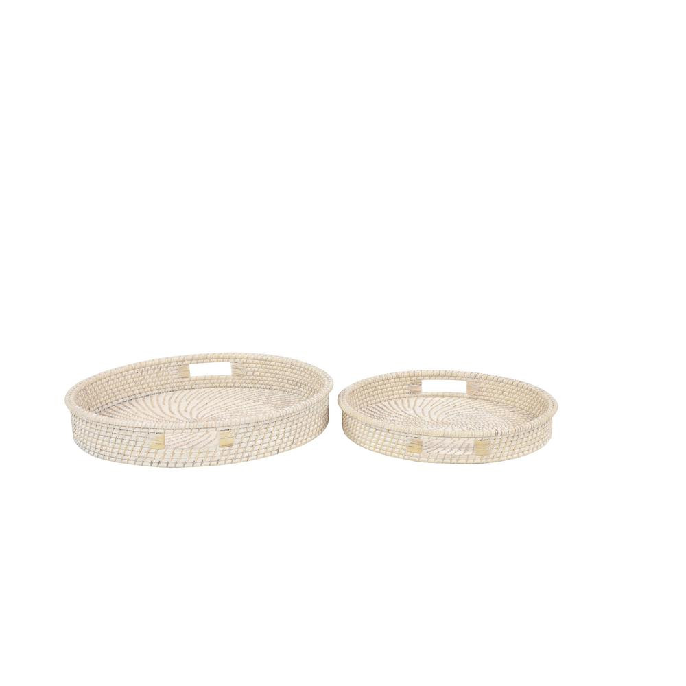 LITTON LANE Round White Handwoven Bamboo Decorative Trays (Set of 2), Beige | The Home Depot