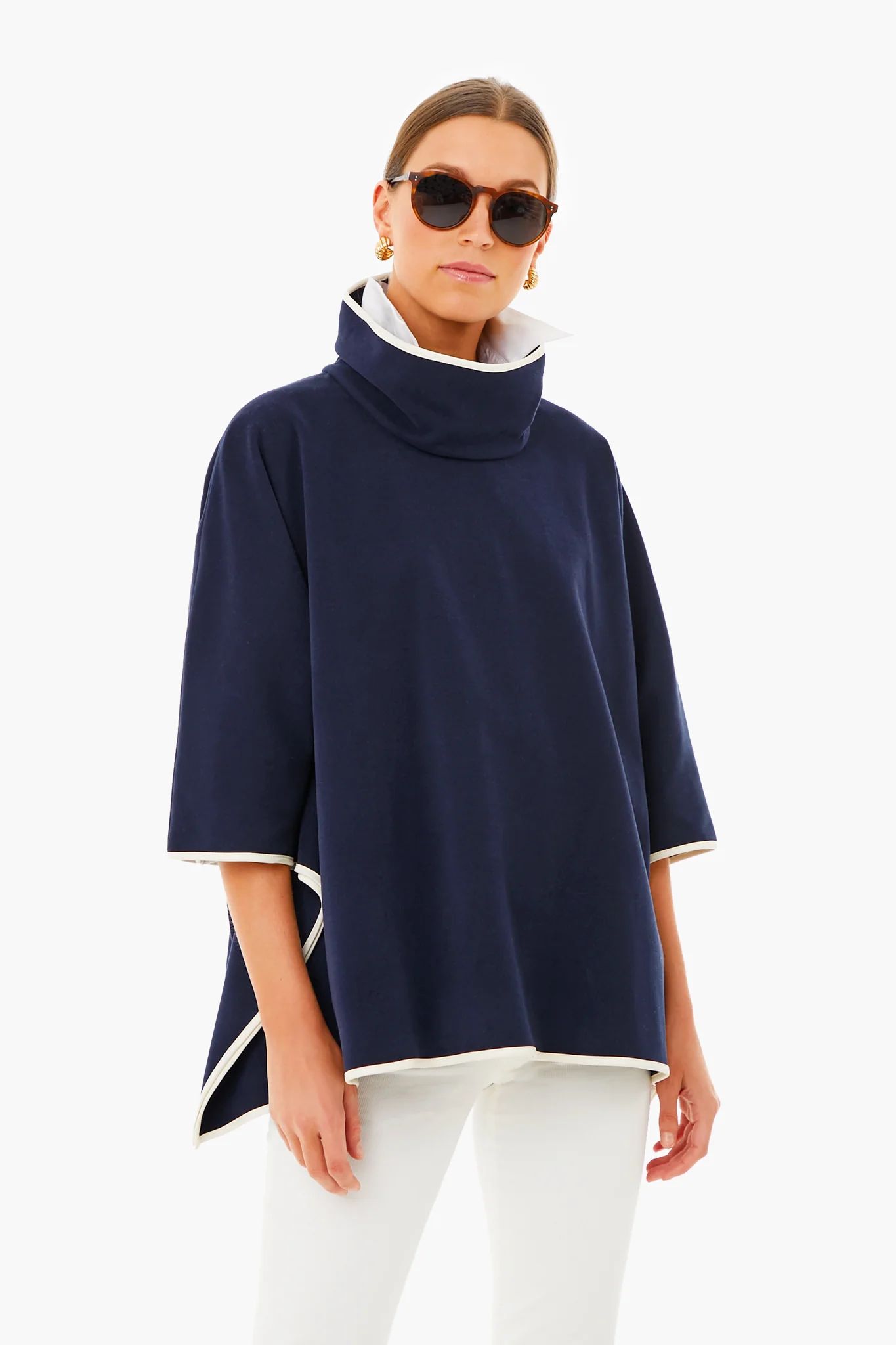 Navy Leather Trim Funnel Neck Piper Poncho | Tuckernuck (US)