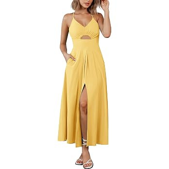 BTFBM Women 2026 Spaghetti Strap Midi Summer Dresses Sleeveless V Neck Cutout Slit Casual Beach P... | Amazon (US)
