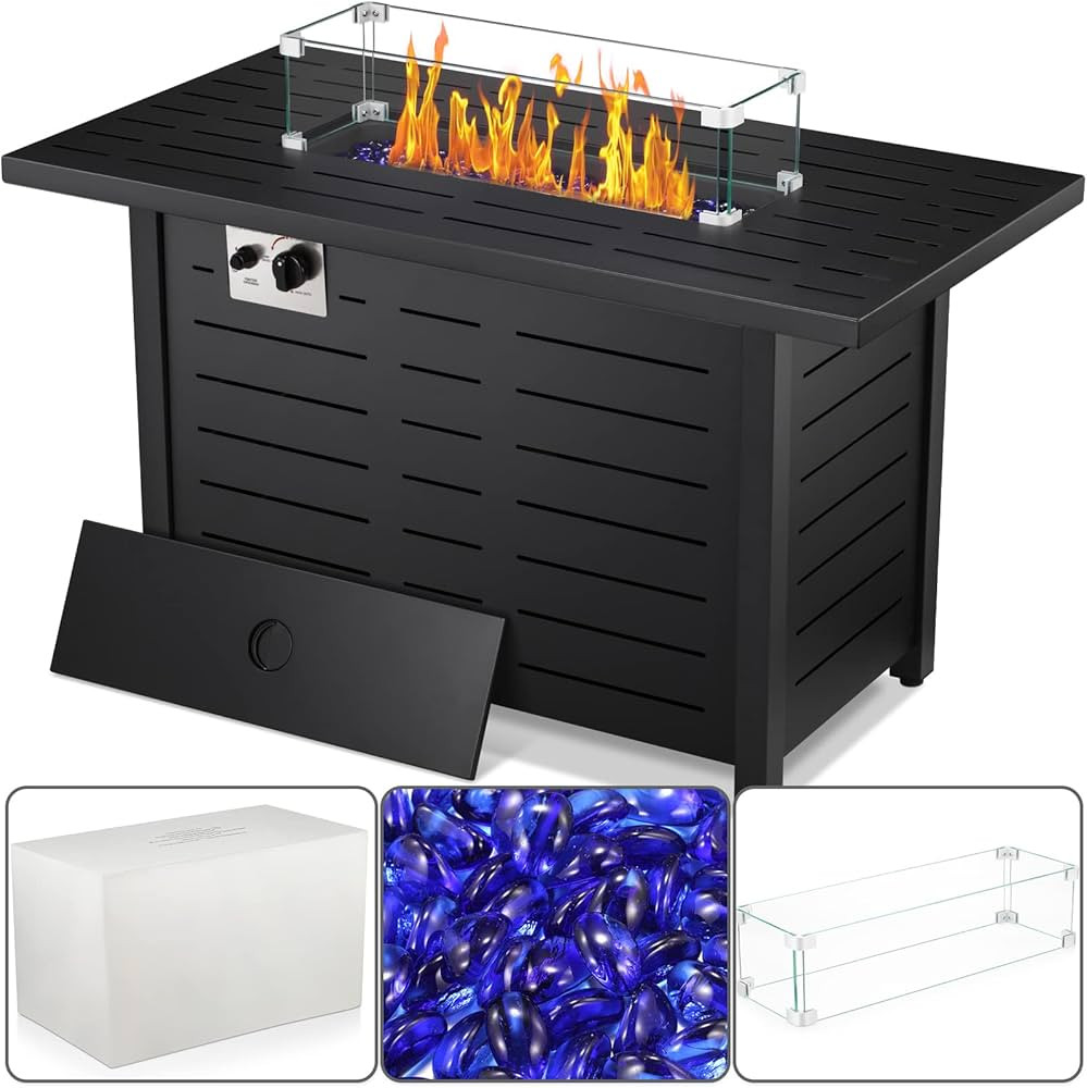 Xbeauty Fire Pit Table 43" Outdoor Gas Fire Pit Table with Lid, Rain Cover, Tempered Glass Wind G... | Amazon (US)