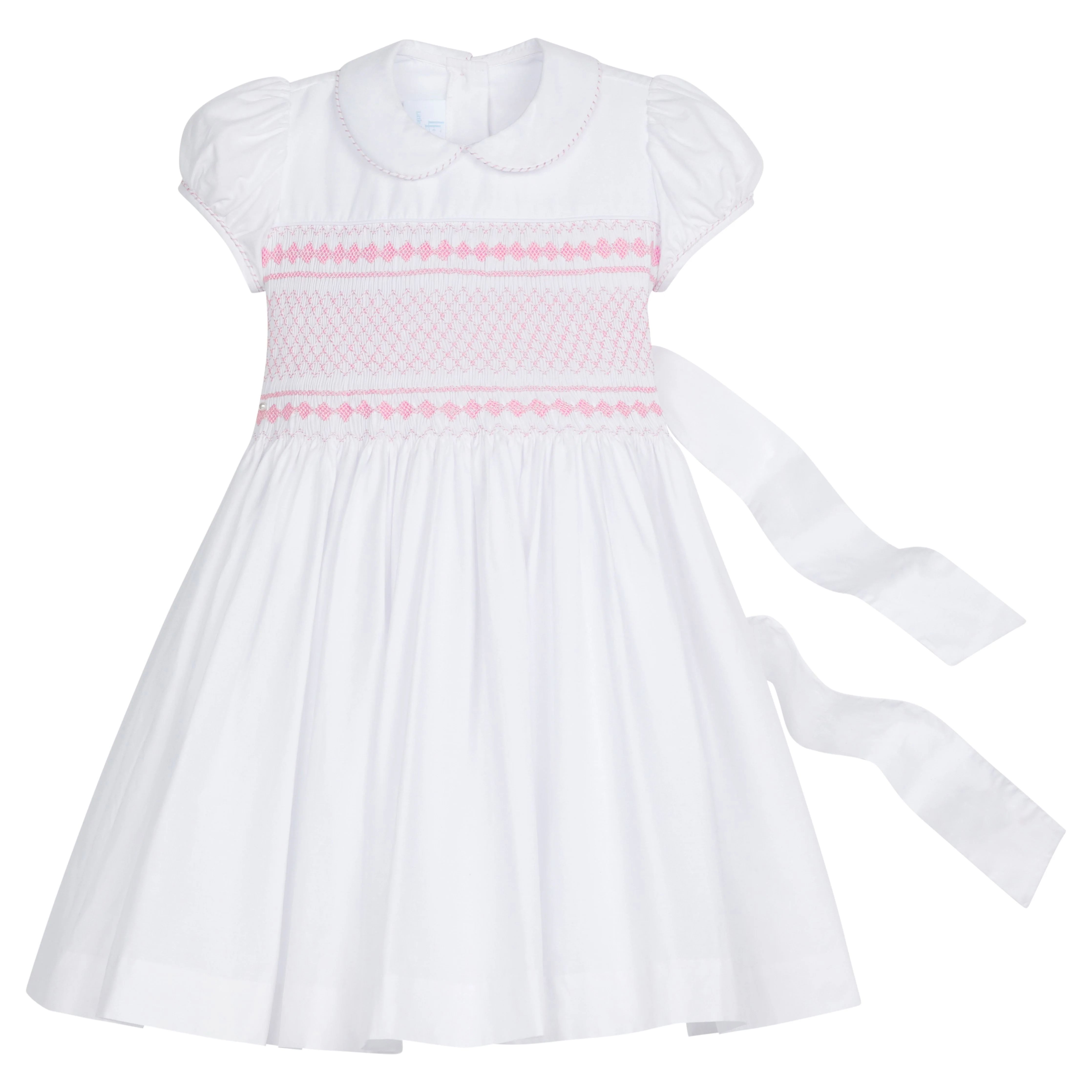 Little English Smocked Emery Dress- White with Light Pink | JoJo Mommy