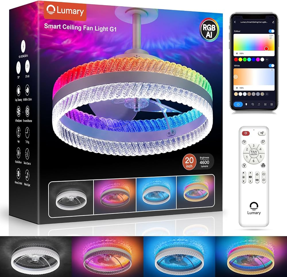 Lumary Smart Ceiling Fans with Lights, RGBAI Rainbow Flow Lighting with Feather Projection, Flush... | Amazon (CA)
