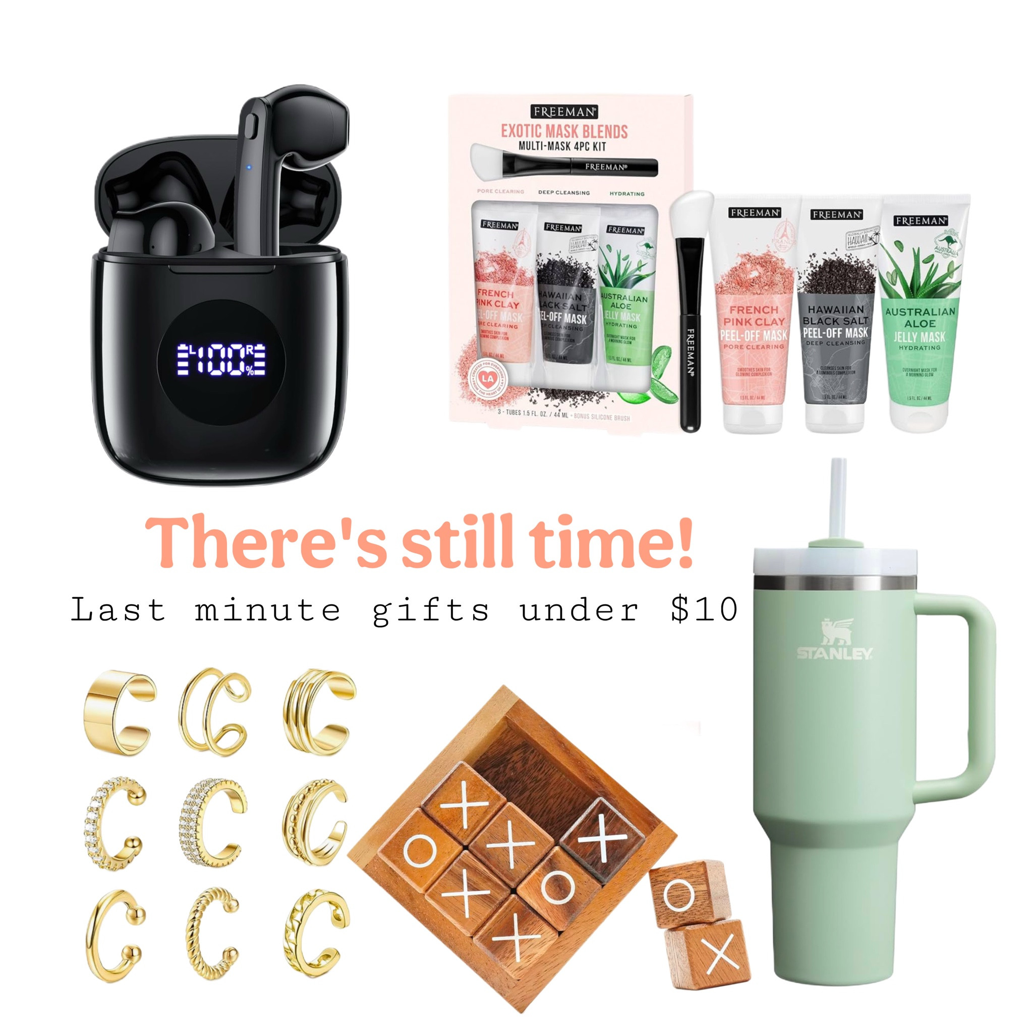 Gifts under 10 dollars Amazon gifts Stanley cup face masks gold hoop earrings tick tack toe toy wireless headphones 

#LTKHoliday #LTKGiftGuide #LTKSeasonal