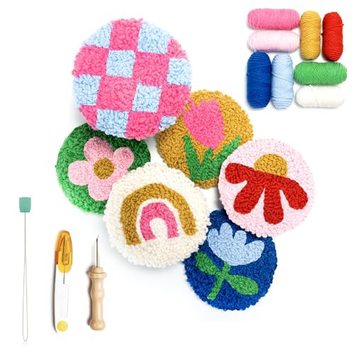SPINNY Punch Needle Kit, Set of 6 Coasters, Includes Beginner Video Tutorials and Instructions, Beginner Punch Stitch for Adults, Mug Rug Punch Needle Kit, | Amazon (US)