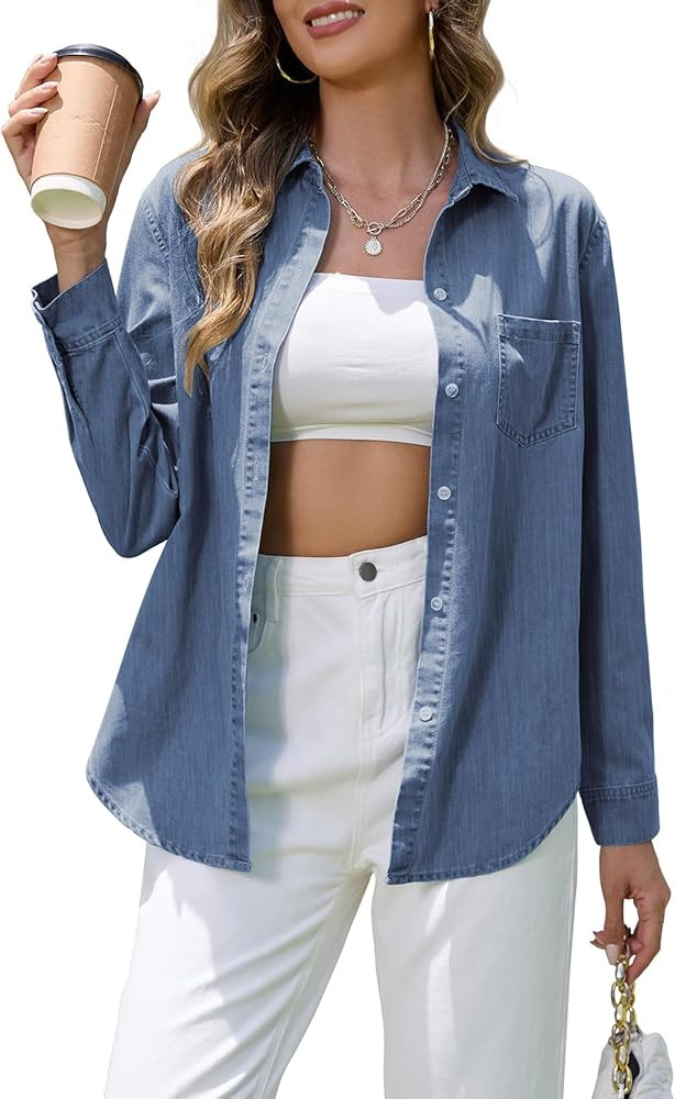 Denim Shirt Women Chambray Western Shirts Casual Long Sleeve Button Down Jean Tops | Amazon (US)